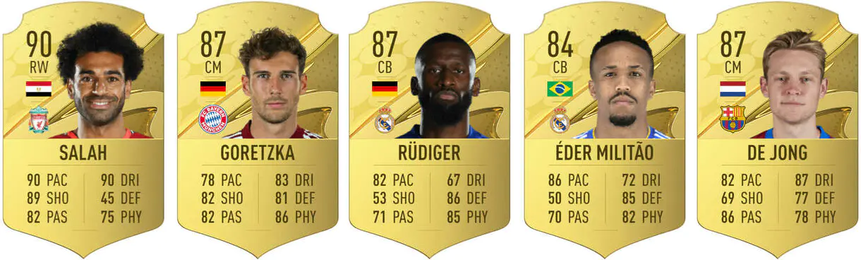 Cartas oro Salah, Goretzka, Rüdiger, Militao y De Jong FIFA 23 Ultimate Team