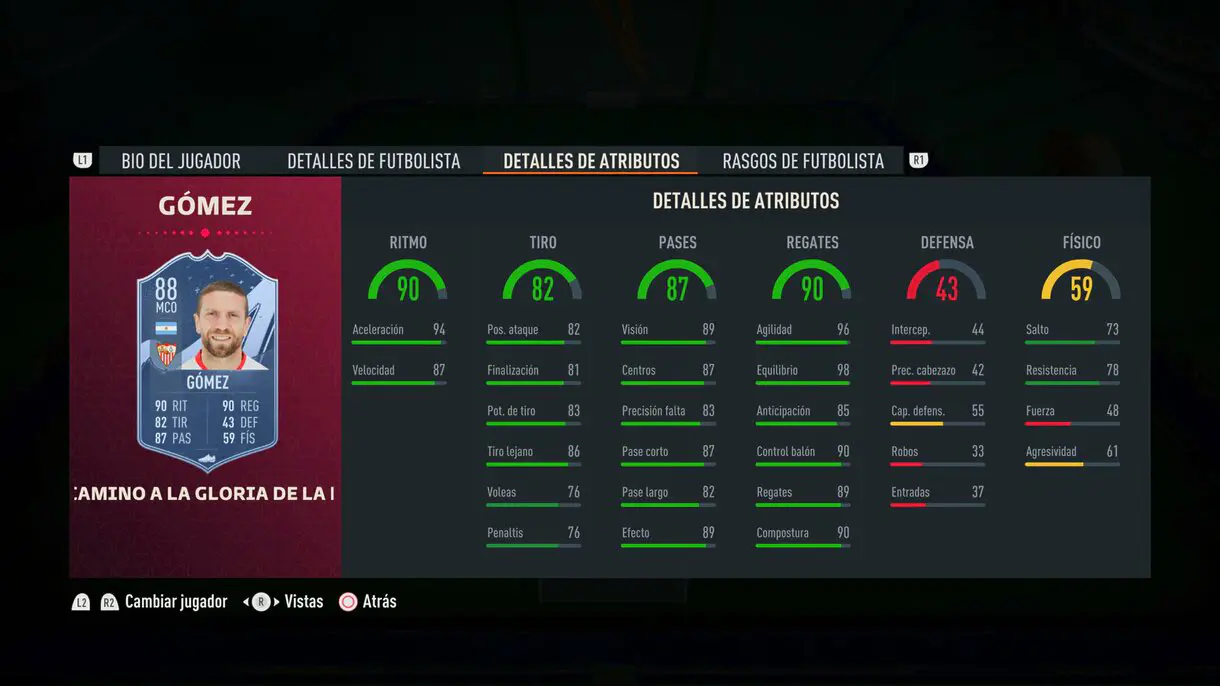 Stats in game Gómez Path to Glory FIFA 23 Ultimate Team