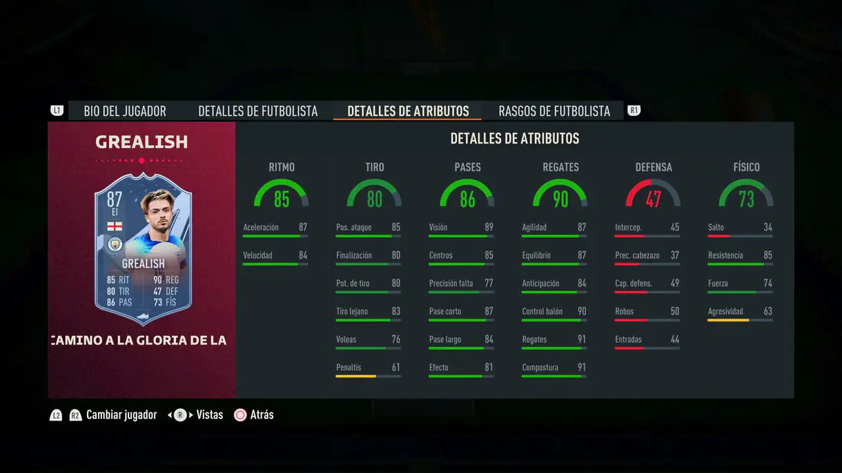 Stats in game Grealish Path to Glory FIFA 23 Ultimate Team