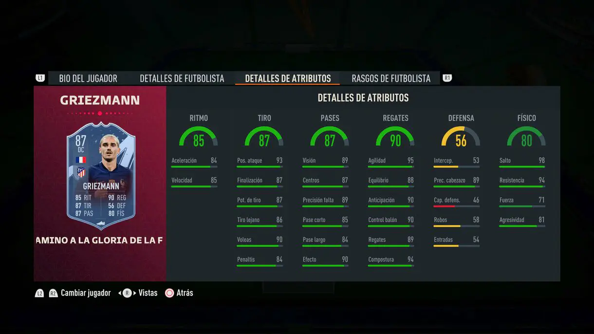 Stats in game Griezmann Path to Glory FIFA 23 Ultimate Team