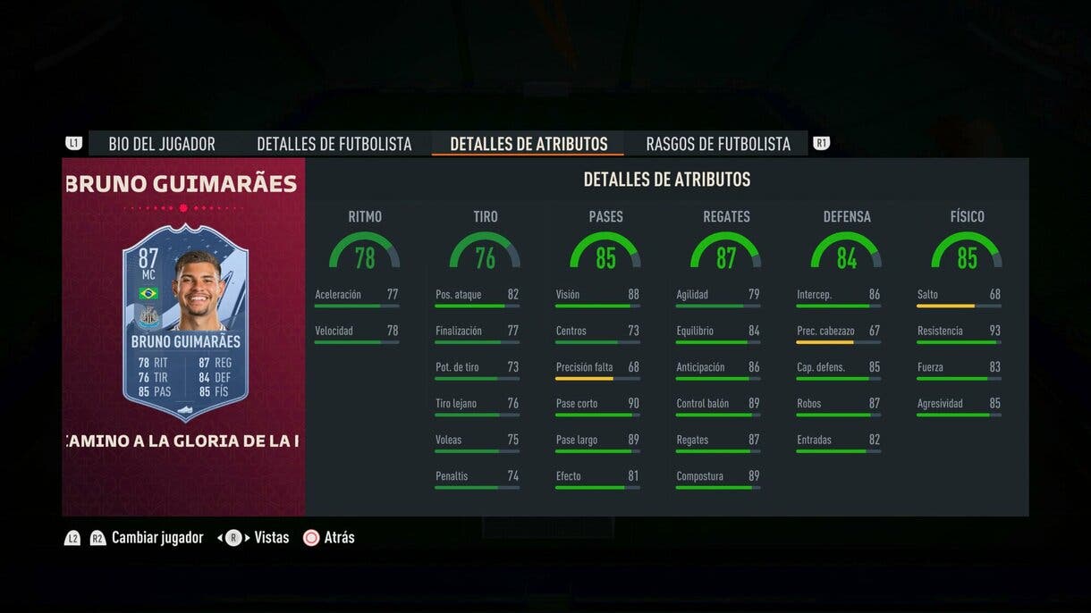 Stats in game Bruno Guimaraes Path to Glory FIFA 23 Ultimate Team
