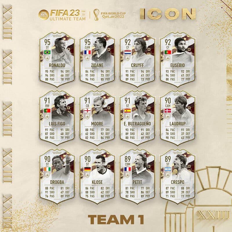 Todas las cartas del primer equipo de Iconos del Mundial FIFA 23 Ultimate Team
