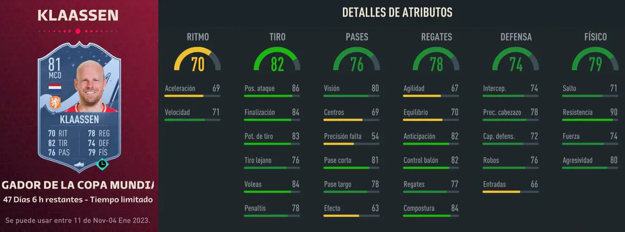 Stats in game Klaassen Jugador de la FIFA World Cup FIFA 23 Ultimate Team