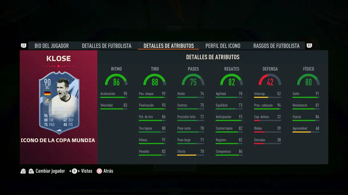 Stats in game Klose Icono del Mundial FIFA 23 Ultimate Team