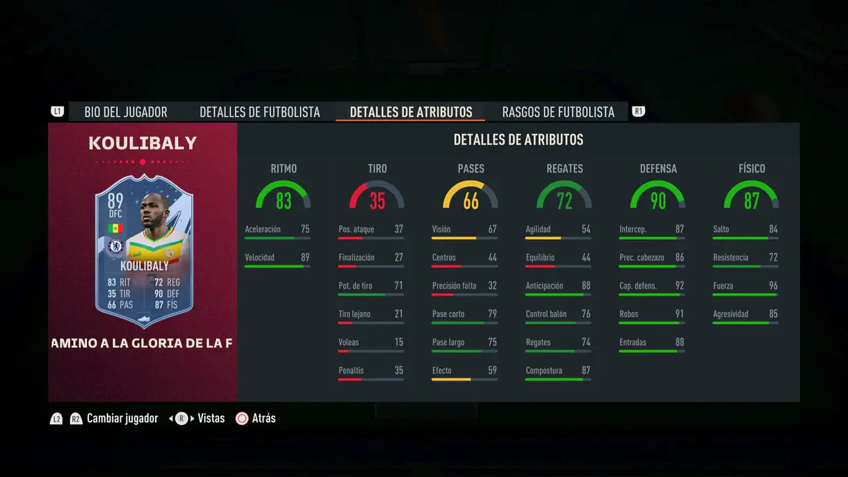 Stats in game Koulibaly Path to Glory FIFA 23 Ultimate Team