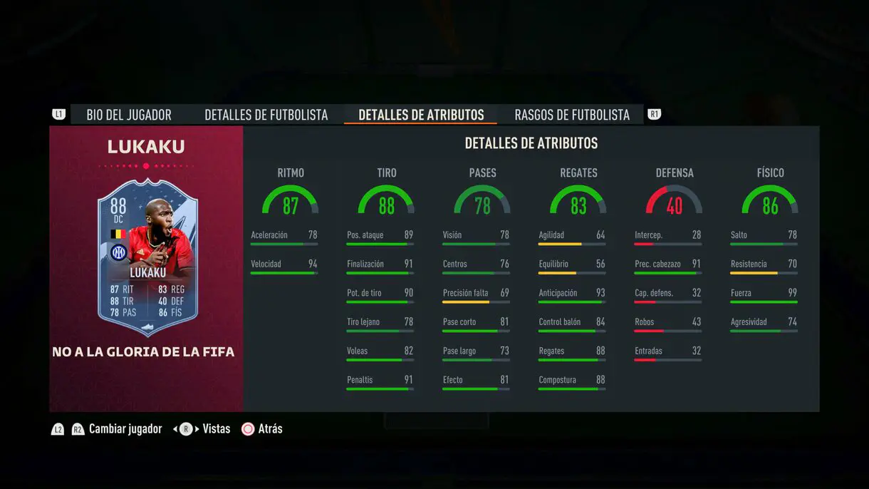 Stats in game Lukaku Path to Glory FIFA 23 Ultimate Team