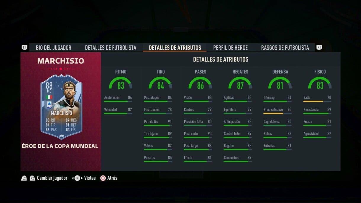 Stats in game Marchisio FUT Heroes del Mundial FIFA 23 Ultimate Team