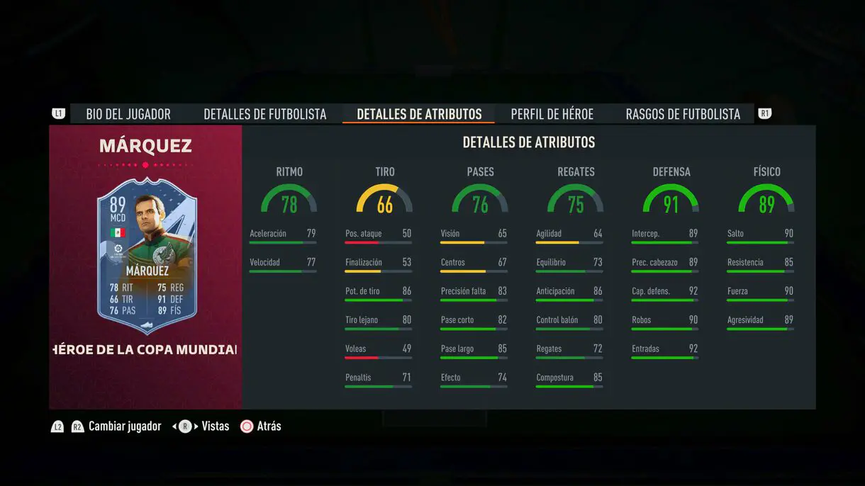 Stats in game Márquez FUT Heroes del Mundial FIFA 23 Ultimate Team