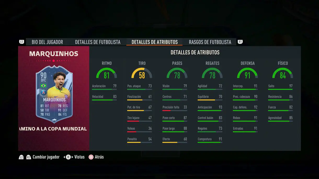 Stats in game Marquinhos RTFWC FIFA 23 Ultimate Team
