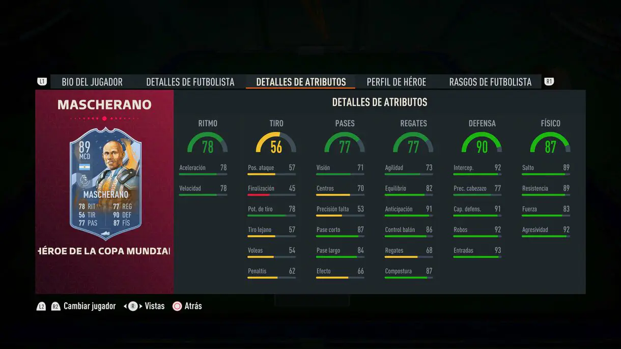 Stats in game Mascherano FUT Heroes del Mundial FIFA 23 Ultimate Team