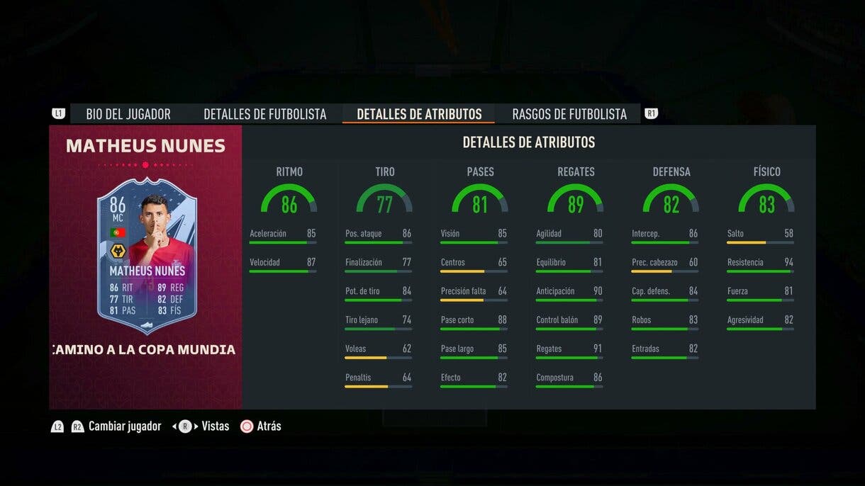 Stats in game Matheus Nunes RTFWC FIFA 23 Ultimate Team