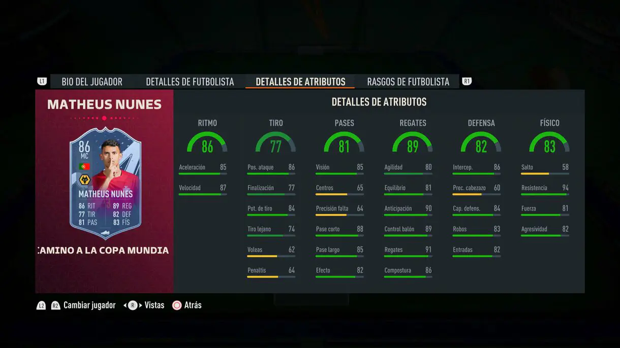 Stats in game Matheus Nunes RTFWC FIFA 23 Ultimate Team