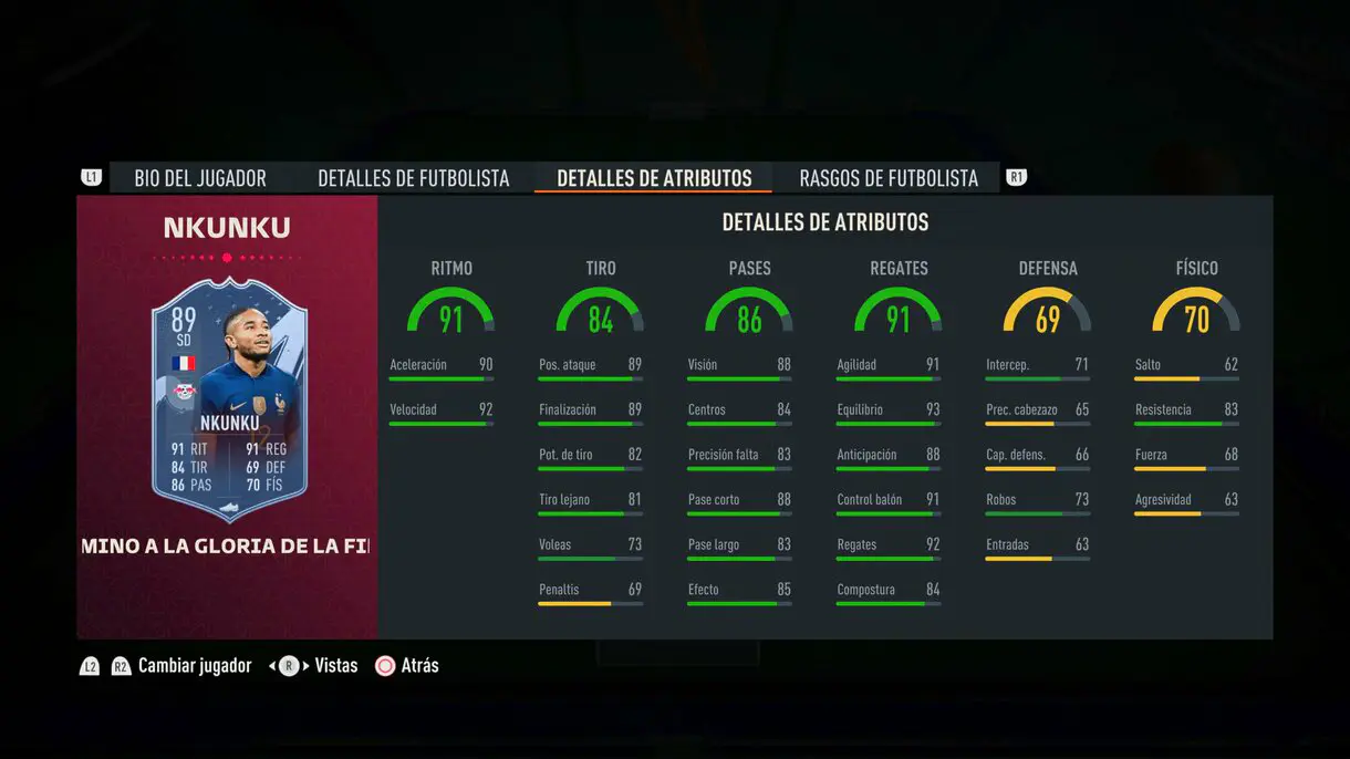 Stats in game Nkunku Path to Glory FIFA 23 Ultimate Team