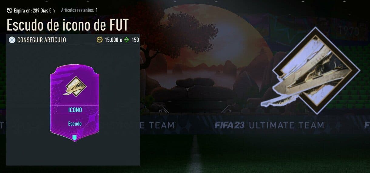 Artículo de la tienda de FIFA 23 Ultimate Team mostrando el nuevo escudo de los Iconos