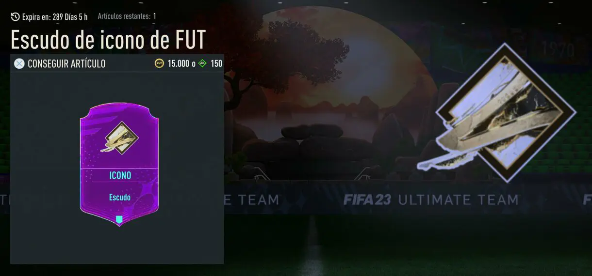 Artículo de la tienda de FIFA 23 Ultimate Team mostrando el nuevo escudo de los Iconos