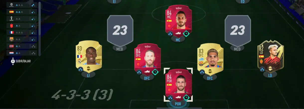 Parte de un once con cartas temporales del Mundial FIFA 23 Ultimate Team