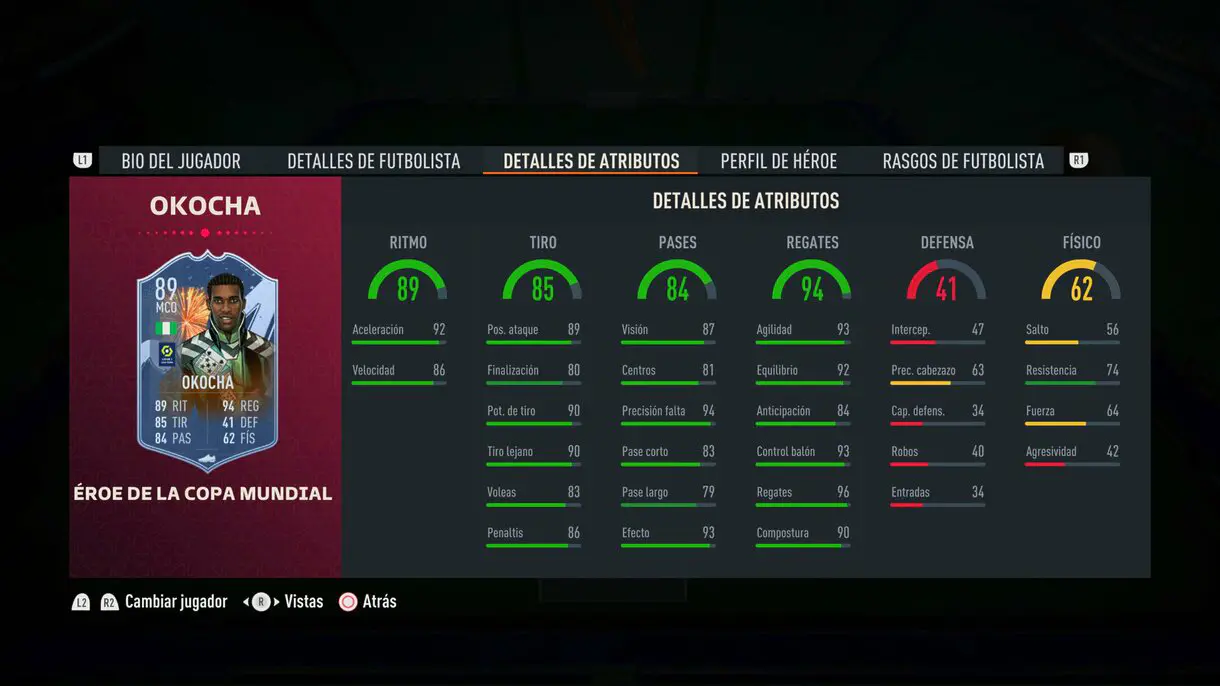 Stats in game Okocha FUT Heroes del Mundial FIFA 23 Ultimate Team