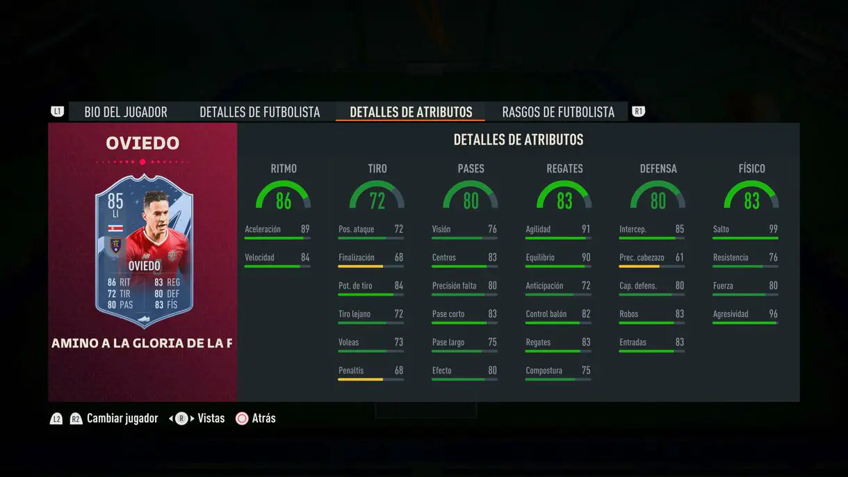 Stats in game Oviedo Path to Glory FIFA 23 Ultimate Team