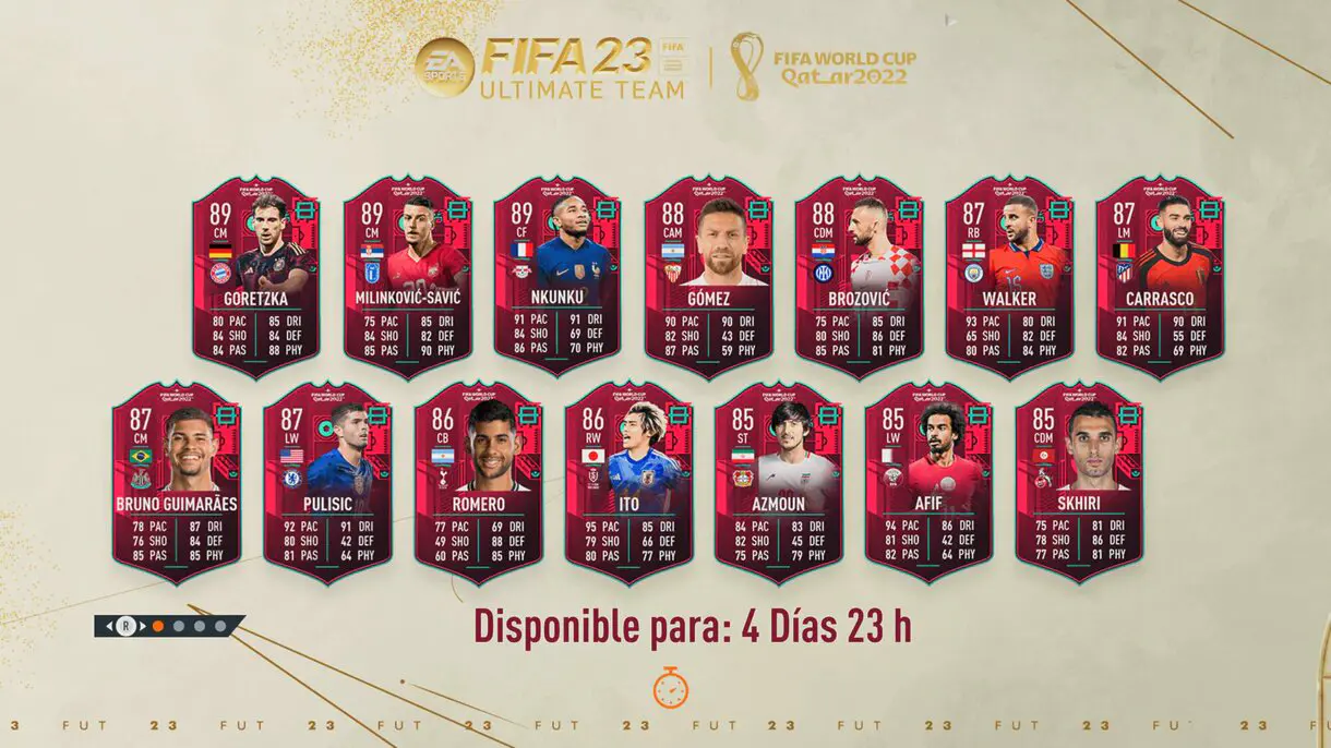 Pantalla de carga FIFA 23 Ultimate Team con todas las cartas del segundo equipo Path to Glory