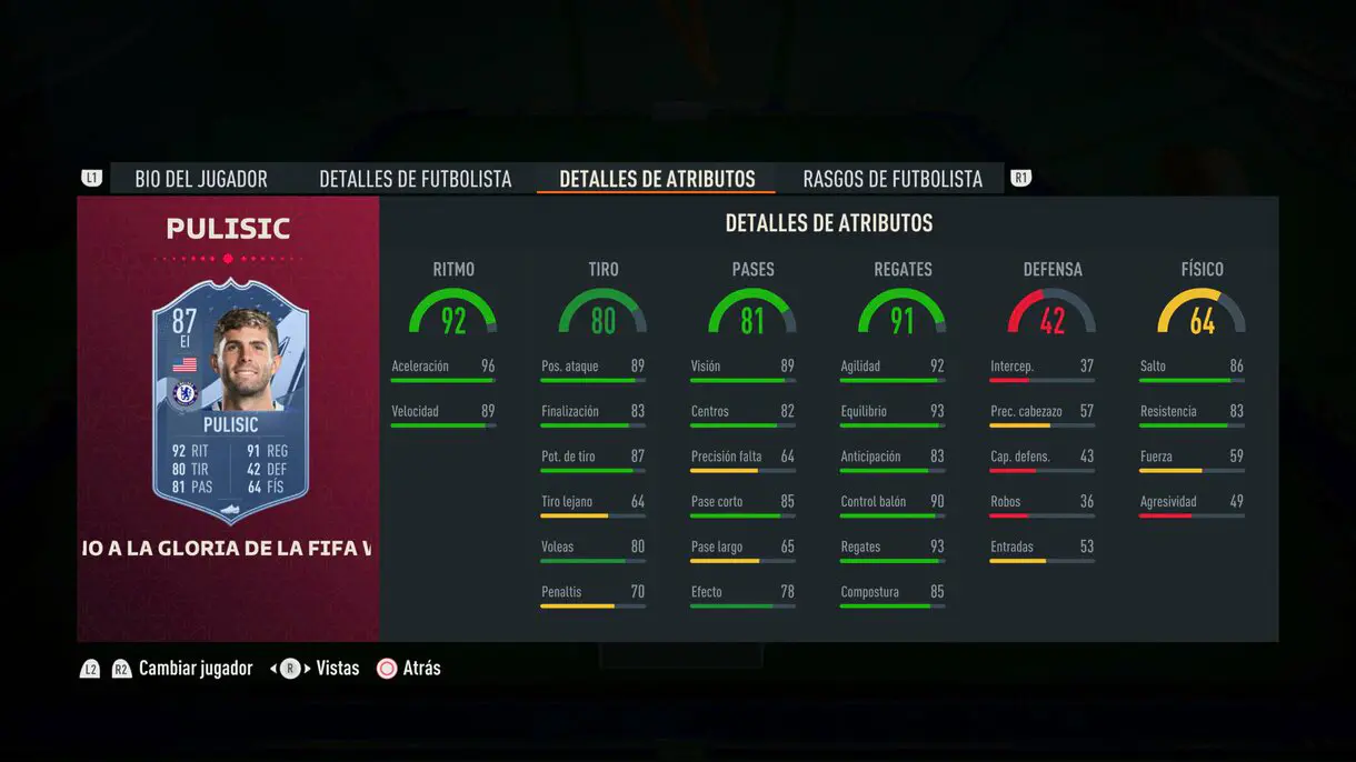 Stats in game Pulisic Path to Glory FIFA 23 Ultimate Team