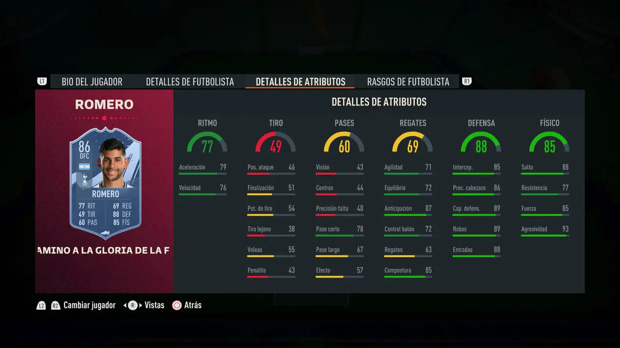 Stats in game Cristian Romero Path to Glory FIFA 23 Ultimate Team