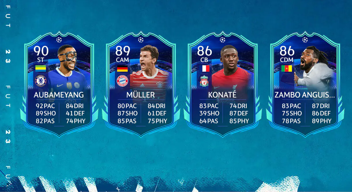 Cartas RTTK Aubameyang, Müller, Konaté y Zambo Anguissa FIFA 23 Ultimate Team