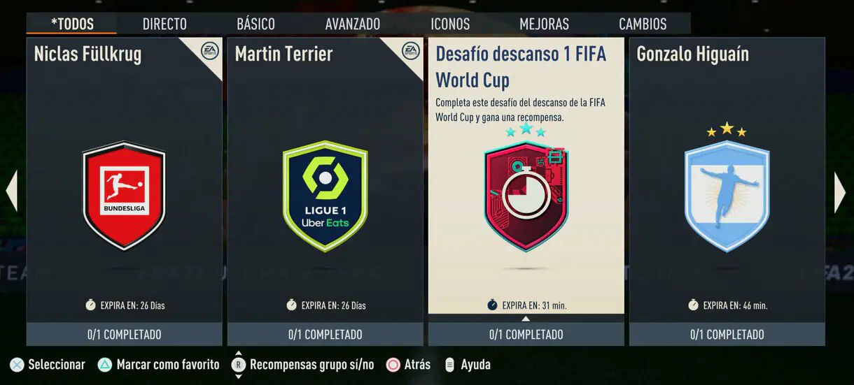 Menú SBC FIFA 23 Ultimate Team mostrando el Desafío Flash 1 FIFA World Cup