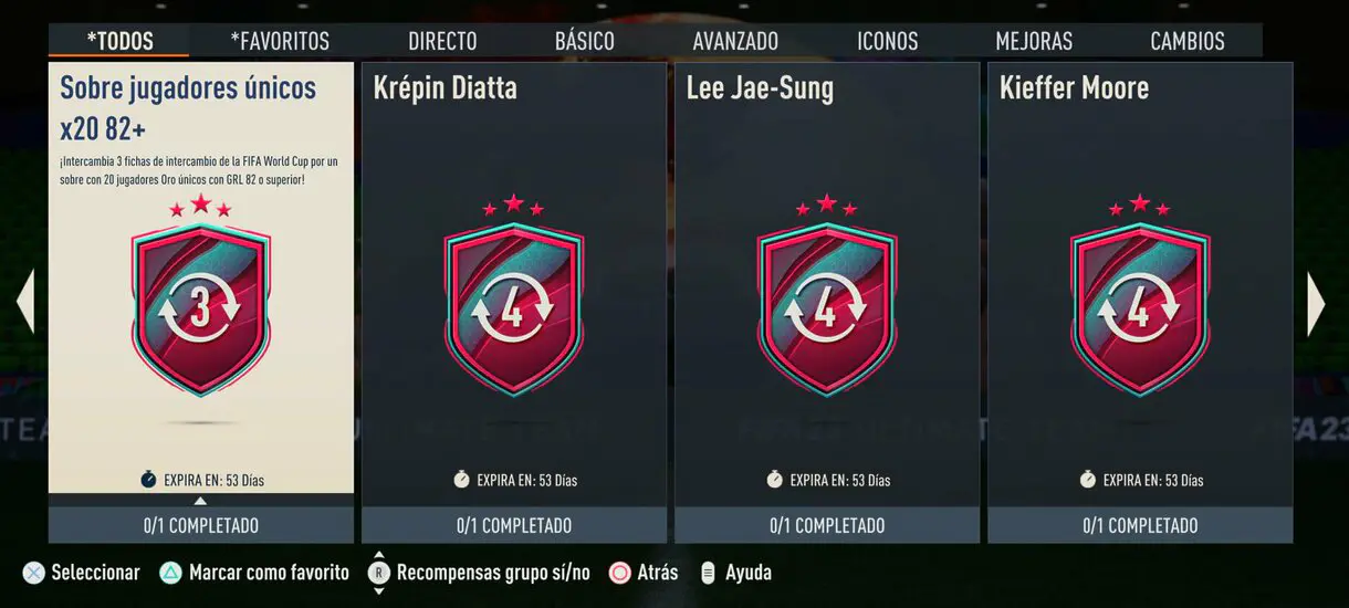 Menú de SBC´s con algunas recompensas de los World Cup Swaps FIFA 23 Ultimate Team