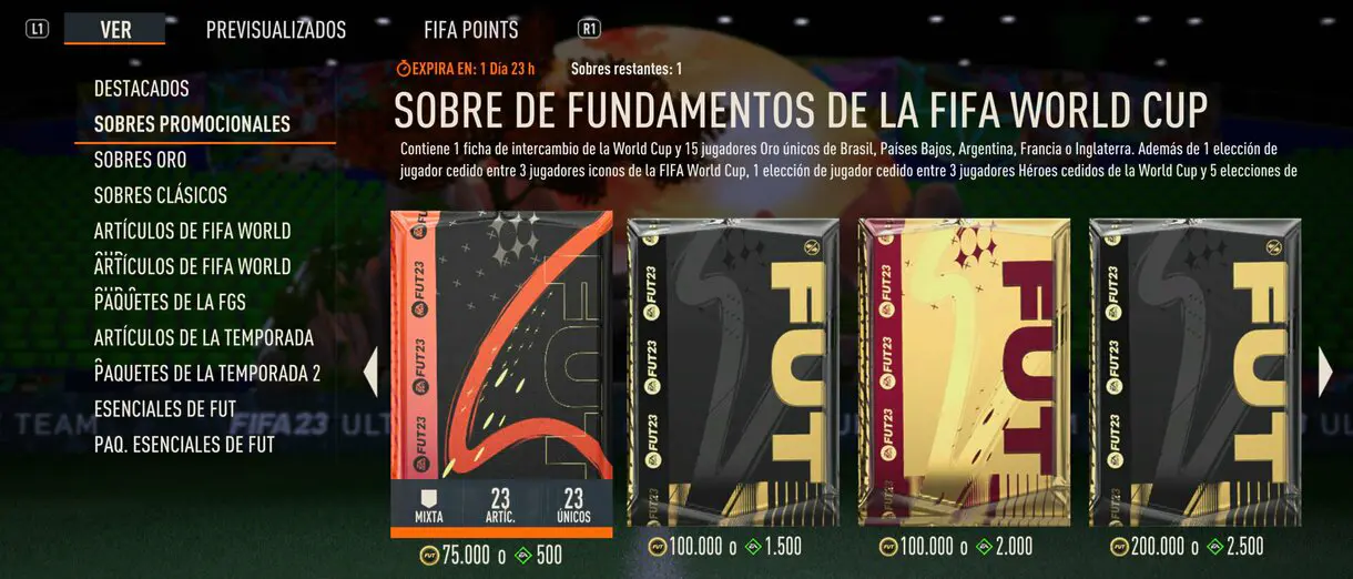 Tienda de FIFA 23 Ultimate Team mostrando el Sobre de fundamentos de la FIFA World Cup Swaps.