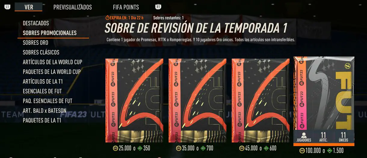 Sobre de revisión de la temporada 1 desde la tienda de FIFA 23 Ultimate Team