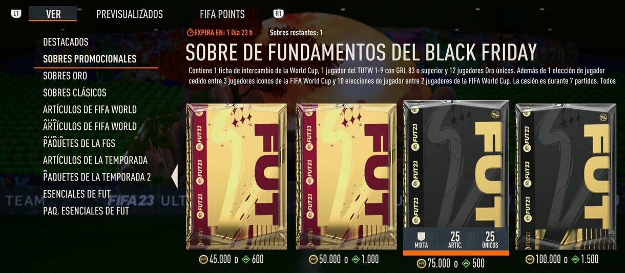 Tienda FIFA 23 Ultimate Team mostrando el Sobre Fundamentos del Black Friday