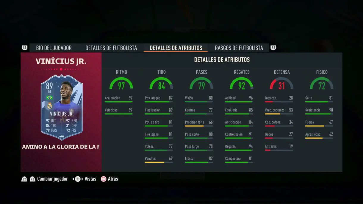 Nuevas stats in game Vinícius Júnior Path to Glory FIFA 23 Ultimate Team
