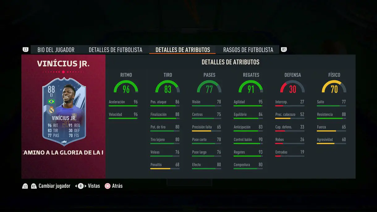 Stats in game Vinícius Júnior Path to Glory FIFA 23 Ultimate Team