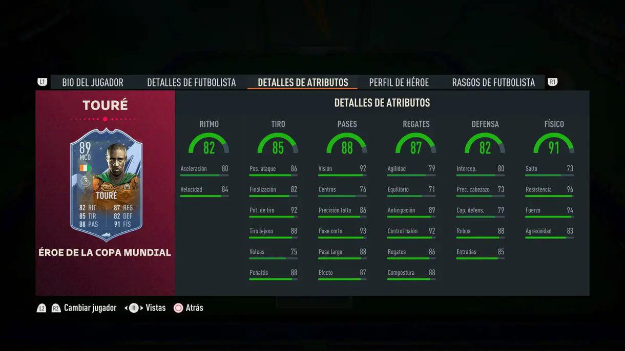 Stats in game Yaya Touré FUT Heroes del Mundial FIFA 23 Ultimate Team