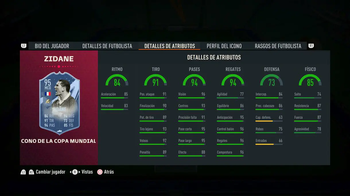 Stats in game Zidane Icono del Mundial FIFA 23 Ultimate Team