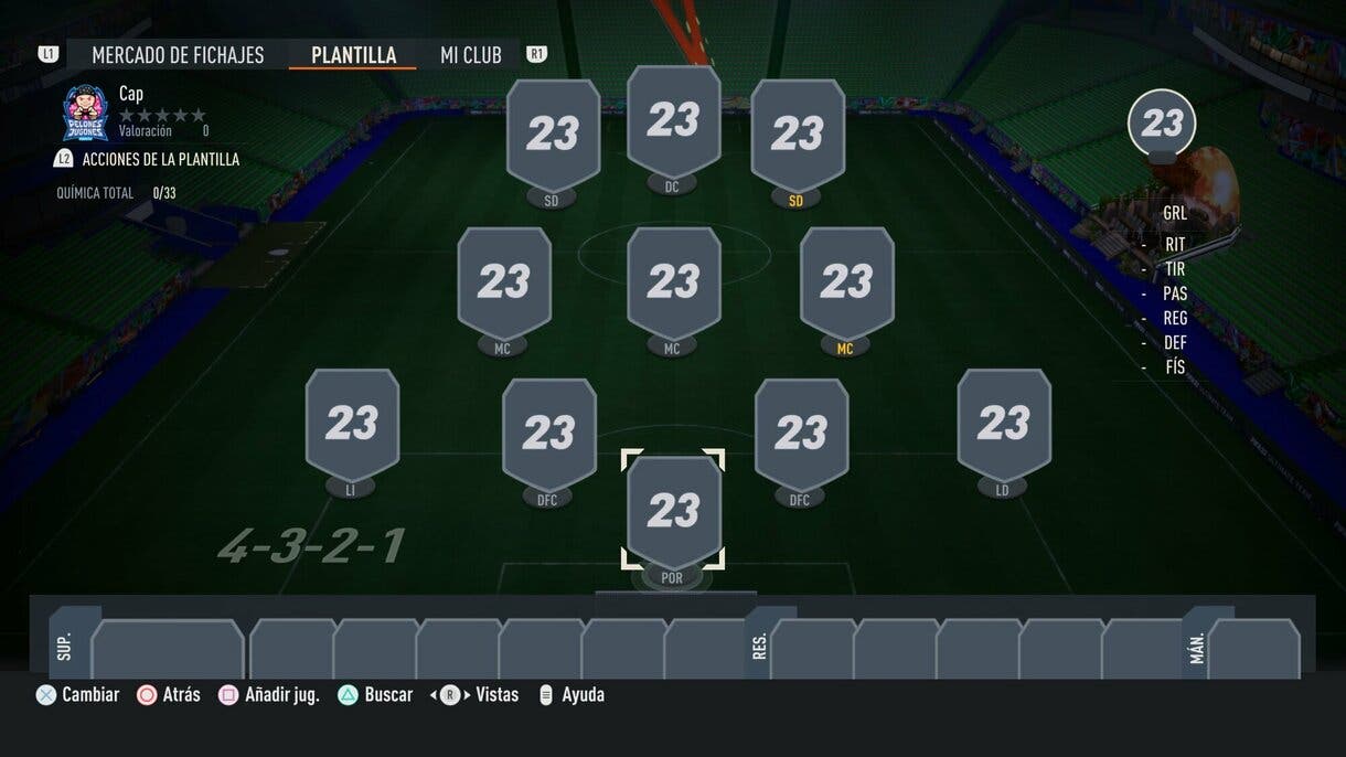 Plantilla FIFA 23 Ultimate Team sin jugadores con la formación 4-3-2-1