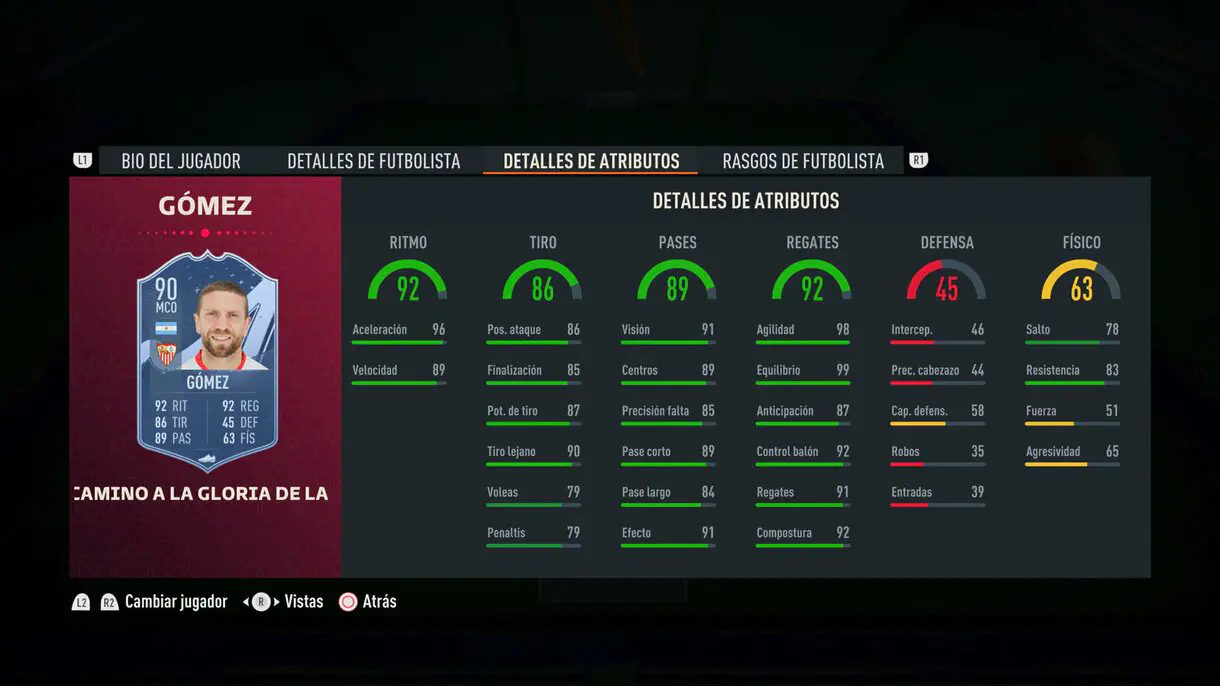 Stats in game Alejandro Gómez Path to Glory 90 FIFA 23 Ultimate Team