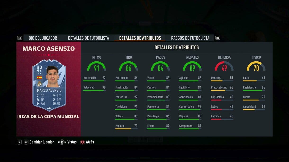 Stats in game Marco Asensio FIFA World Cup Stories FIFA 23 Ultimate Team