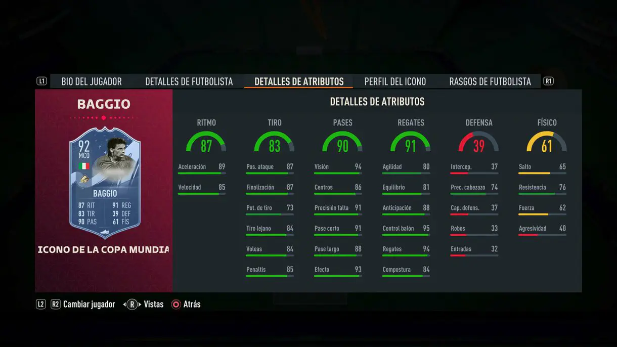 Stats in game Baggio Icono del Mundial FIFA 23 Ultimate Team