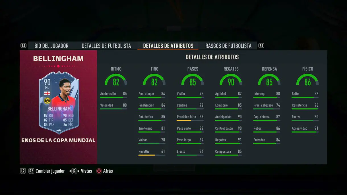 Stats in game Bellingham Fenómenos de la Copa Mundial FIFA 23 Ultimate Team