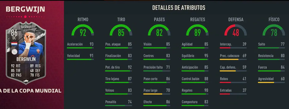 Stats in game Bergwijn Showdown del Mundial FIFA 23 Ultimate Team