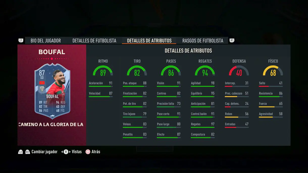 Stats in game Boufal Path to Glory actualizado FIFA 23 Ultimate Team