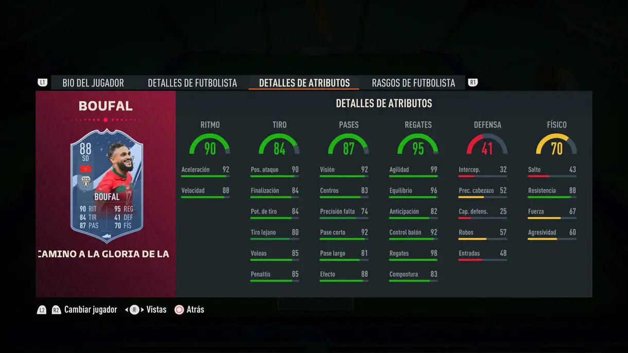 Stats in game Boufal Path to Glory 88 FIFA 23 Ultimate Team