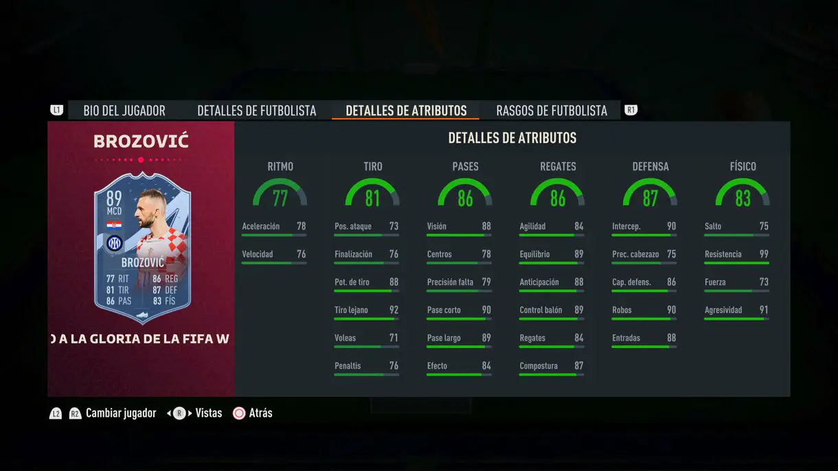 Stats in game Brozovic Path to Glory actualizado FIFA 23 Ultimate Team