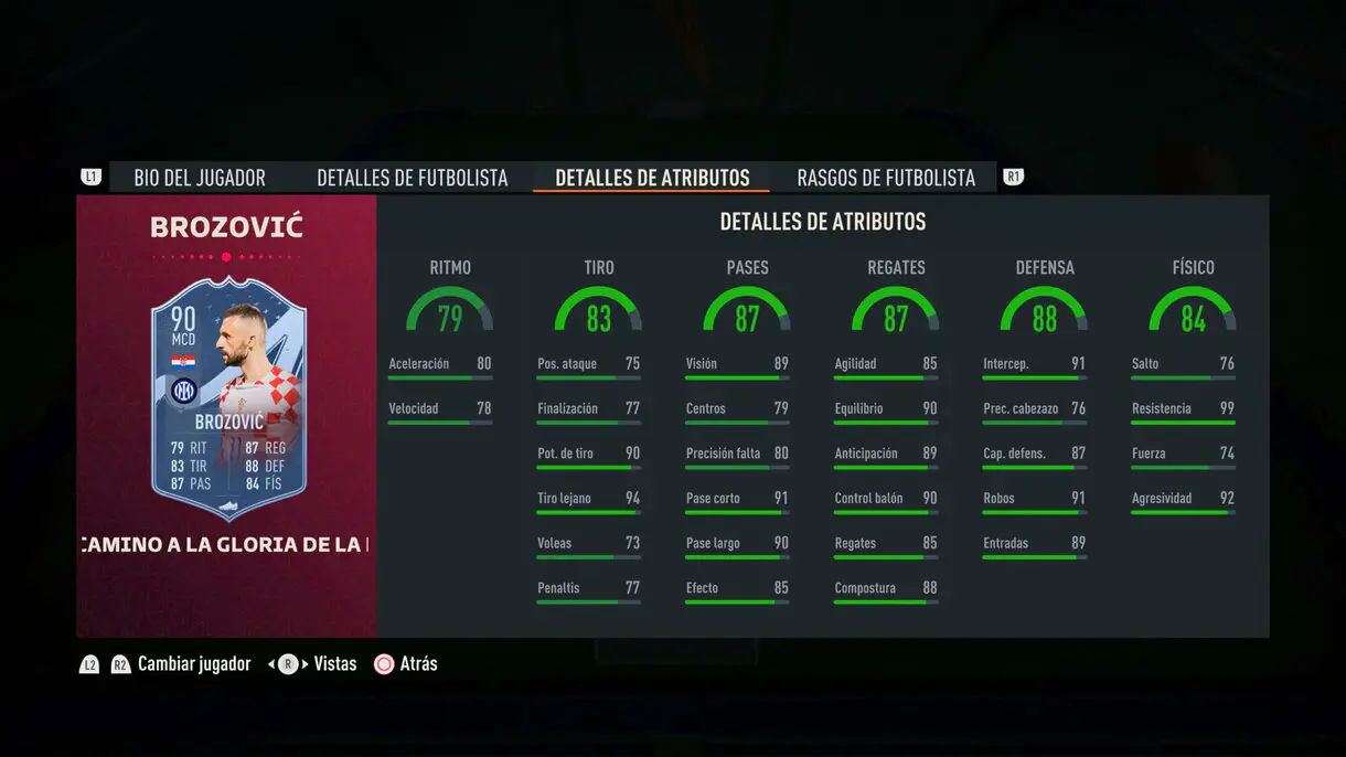 Stats in game Brozovic Path to Glory 90 FIFA 23 Ultimate Team