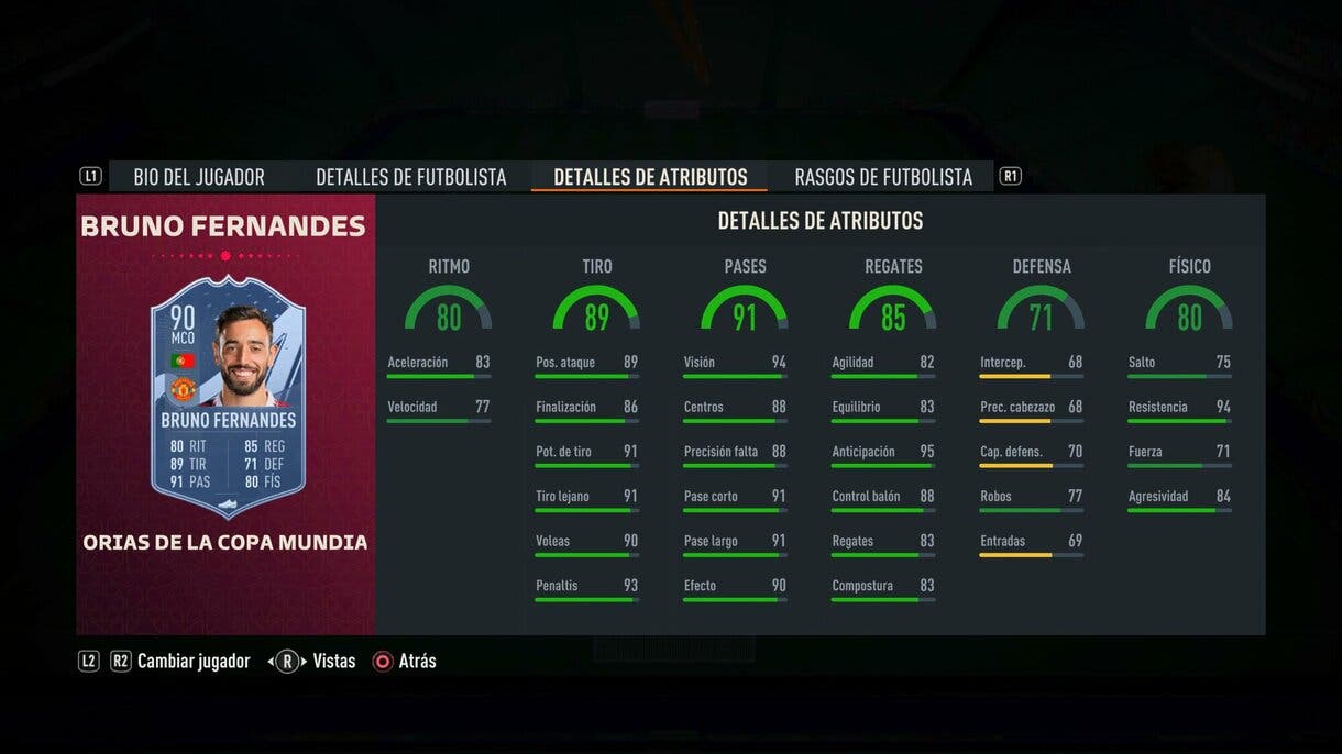 Stats in game Bruno Fernandes FIFA World Cup Stories FIFA 23 Ultimate Team