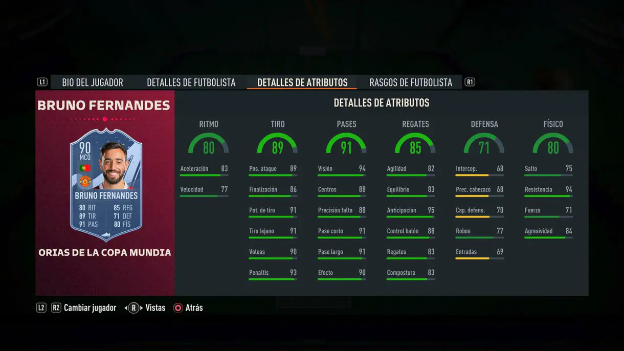 Stats in game Bruno Fernandes FIFA World Cup Stories FIFA 23 Ultimate Team