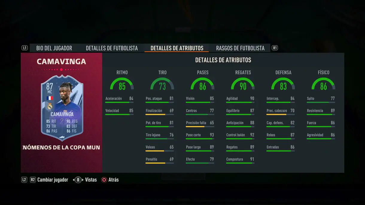 Stats in game Camavinga Fenómenos de la Copa Mundial FIFA 23 Ultimate Team