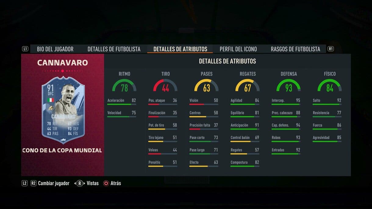 Stats in game Cannavaro Icono del Mundial FIFA 23 Ultimate Team