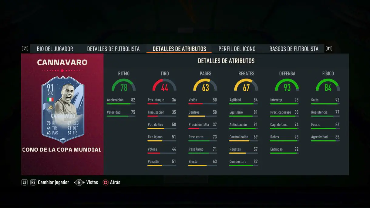 Stats in game Cannavaro Icono del Mundial FIFA 23 Ultimate Team